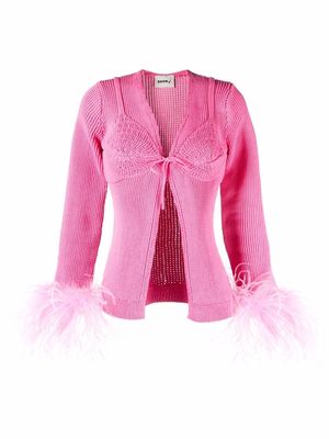 Seen Users feather-trim open-knit cardigan - Pink