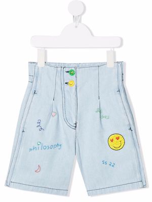 Philosophy Di Lorenzo Serafini Kids embroidered contrast-stitching denim shorts - Blue