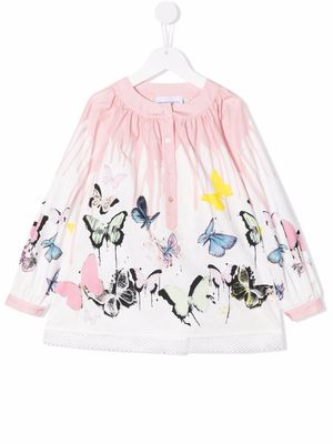 Ermanno Scervino Junior pleated butterfly-print blouse - White