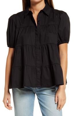 WAYF Canossa Tiered Puff Sleeve Blouse in Black