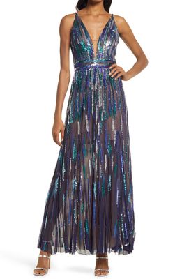 Dress the Population Samira Sequin Embellished Evening Gown in Navy Multi