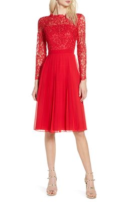 Chi Chi London Naarah Long Sleeve Lace Bodice Chiffon Cocktail Dress in Red