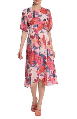 Maggy London Floral Print Midi Dress in Soft Pink/Savvy Red