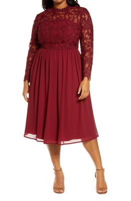Chi Chi London Curve Ella-Louise Lace & Chiffon Long Sleeve Dress in Red