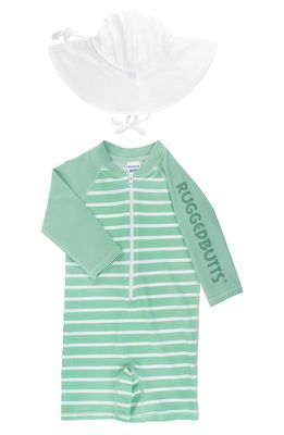 RuggedButts Sage Stripe One-Piece Rashguard Swimsuit & Hat Set in Green