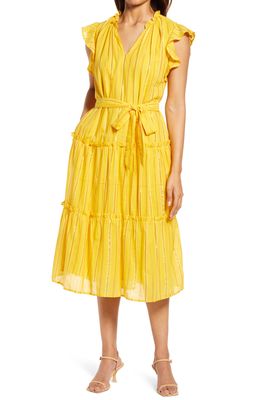 Adelyn Rae Metallic Stripe Ruffle Sleeve Midi Dress in Yellow