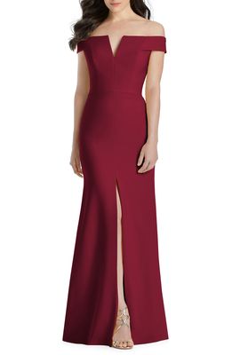 Dessy Collection Notched Off the Shoulder Crepe Gown in Burgundy