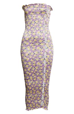 Amy Crookes Floral Print Shirred Tube Dress in Lilac/Yellow Micro Floral