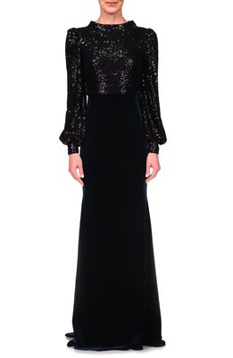 Badgley Mischka Collection Badgley Mischka Sequin & Velvet Long Sleeve Gown in Black Multi