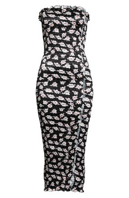 Amy Crookes Floral Print Shirred Tube Dress in Black/White Micro Floral