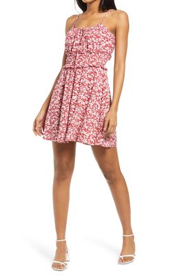 Row A Smocked Floral Print Minidress in Red Flor