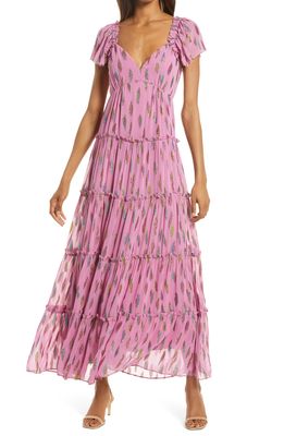 Saylor Kira Metallic Leaves Tiered Dress in Sangria