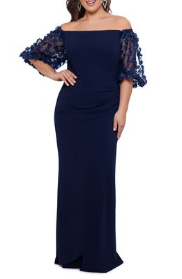 Xscape 3-D Floral Sleeve Off the Shoulder Gown in Navy