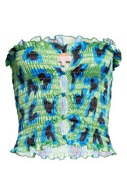 Amy Crookes Leopard Print Shirred Tube Top in Green/Blue Leopard Print