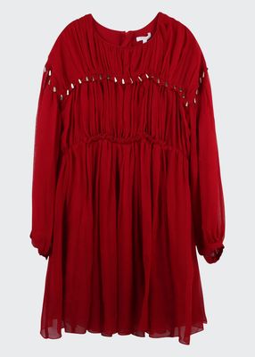 Girl's Silk Crepe Long-Sleeve Studded Dress, Size 6-10