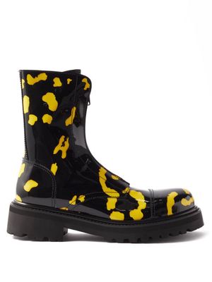 Vetements - Salamander-print Zip-front Leather Combat Boots - Mens - Black Yellow