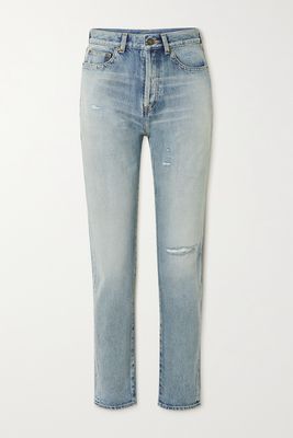 SAINT LAURENT - Distressed High-rise Slim-leg Jeans - Blue