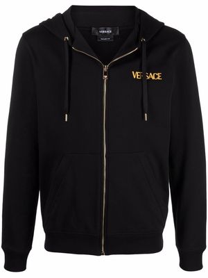 Versace logo-embroidered zip-up hoodie - Black
