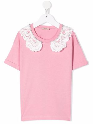Nº21 Kids crystal-embellished lace-trim T-shirt - Pink