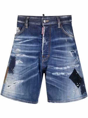 Dsquared2 distressed patch detail denim shorts - Blue