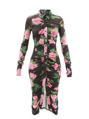 Richard Quinn - Gathered Floral-print Mesh Dress - Womens - Black Pink