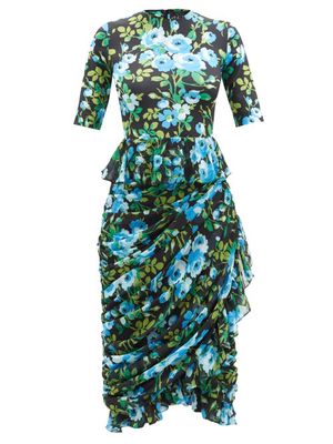 Richard Quinn - Ruffled Floral-print Neoprene Dress - Womens - Blue Multi