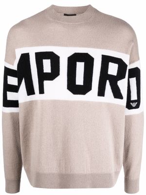 Emporio Armani logo-knit crewneck jumper - Neutrals