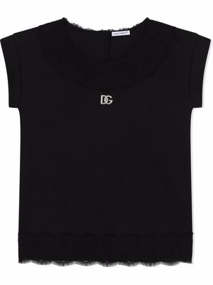 Dolce & Gabbana Kids lace-trim logo plaque T-shirt - Black