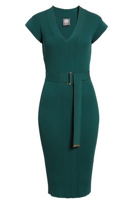 Vince Camuto Belted Body-Con Sweater Dress in Green