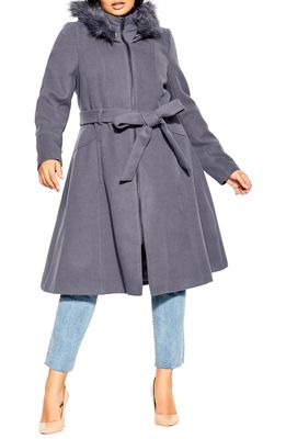 City Chic Miss Mysterious Faux Fur Trim Coat in Slate
