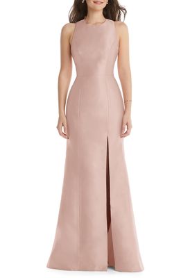 Alfred Sung Jewel Neck Open Back Gown in Toasted Sugar
