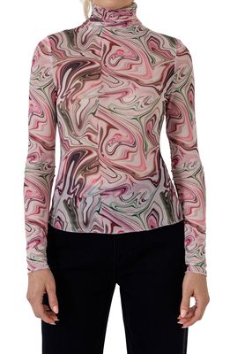 Grey Lab Abstract Print Long Sleeve Mesh Top in Pink Multi