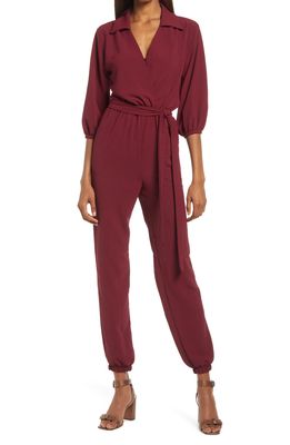 Fraiche by J Tie Waist Long Sleeve Jumpsuit in Merlot