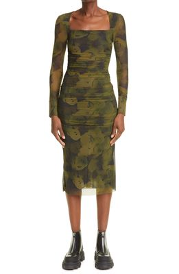 Ganni Floral Camo Long Sleeve Mesh Dress in Olive Drab