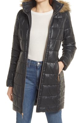 Gallery Hooded Puffer Coat with Faux Fur Trim in Black