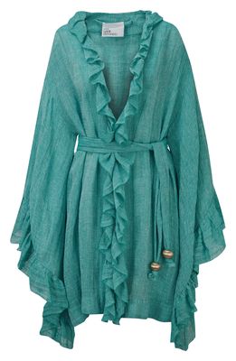 Lisa Marie Fernandez Anita Ruffle Linen-Blend Cover-Up Robe in Turquoise Gauze