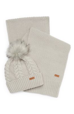 Barbour Hartley Faux Fur Pom Beanie & Scarf Set in Ice White