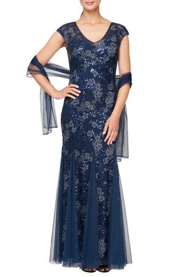 Alex Evenings Sequin Embroidered Trumpet Gown in Navy