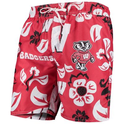 Men's Wes & Willy Red Wisconsin Badgers Floral Volley Swim Trunks
