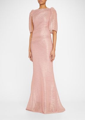 Strong-Shoulder Cape Pleated Metallic Voile Gown