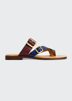 Calfskin Colorblock Dual-Buckle Slide Sandals