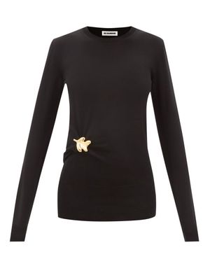 Jil Sander - Leaf-brooch Draped-wool Sweater - Womens - Black