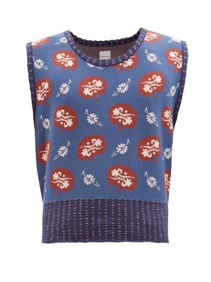 Sasquatchfabrix. - Flower-intarsia Knitted Cotton-blend Sweater Vest - Mens - Navy