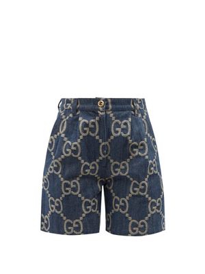 Gucci - GG-jacquard Leather-trim Denim Shorts - Womens - Denim