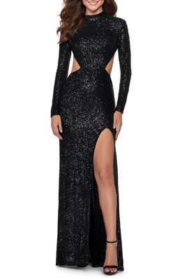 La Femme Sequin Long Sleeve Cutout Gown in Black