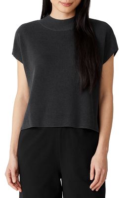 Eileen Fisher Mock Neck Organic Linen & Cotton Short Sleeve Sweater in Black