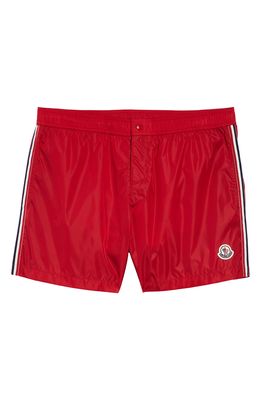 Moncler Logo Patch Swim Trunks in Red