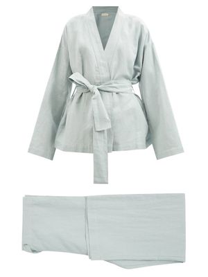 General Sleep - Wrap Organic Cotton-blend Pyjama Set - Womens - Light Blue