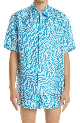 Fendi x Sarah Coleman FF Vertigo Short Sleeve Silk Button-Up Shirt in Turquoise /White