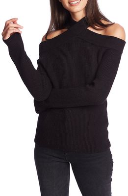 1.STATE Cross Neck Cold Shoulder Cotton Blend Sweater in Rich Black